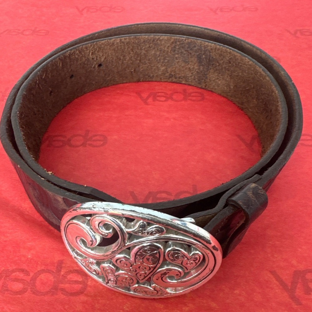 Brighton Leather Belt Womens 36 Brown Excellent Scroll Hearts Silver Buckle USA